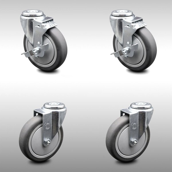 5 Inch SS Thermoplastic Rubber Wheel Swivel Bolt Hole Caster Set with 2 Brake